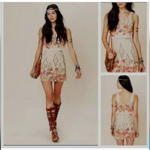 Free People Shiny Floral Geometric Pattern Mini Dress with Lace Detail